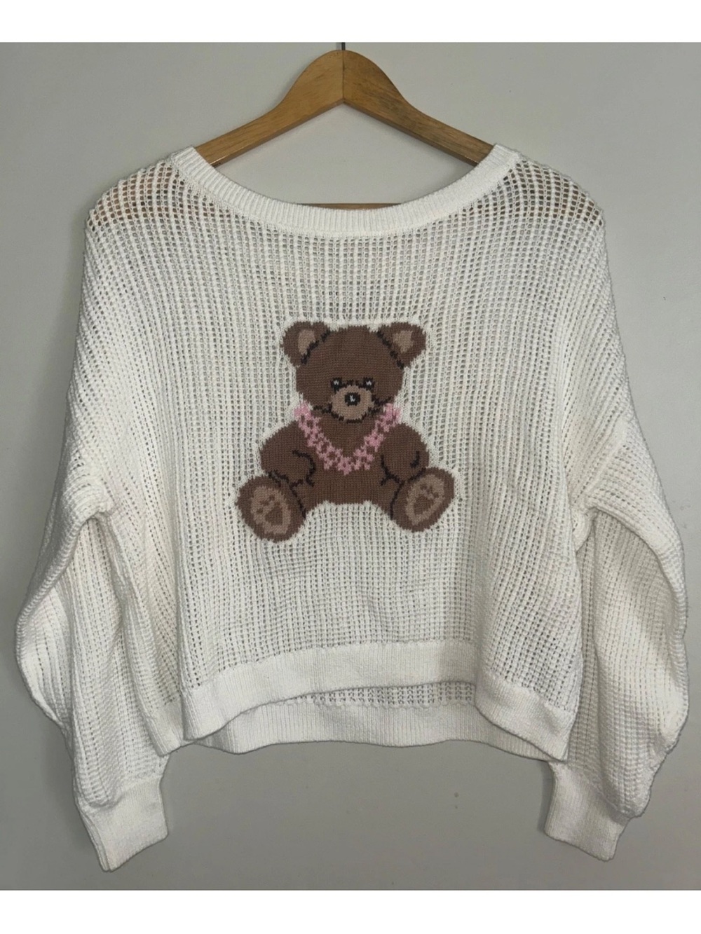 NEW! HOLLISTER Teddy Bear Graphic Open Knit Slouchy Sweater in White Size S